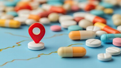 Red map pin on a light blue surface amidst various pills and a map-like graphic