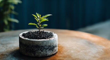 Seedling Emerging from Soil in Ring-Shaped Wooden Pot on Open Book, Soft Natural Light and Blurred Background