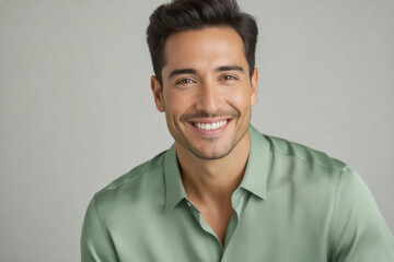 A handsome man with dark hair and a warm smile gazes directly at the camera, wearing a light green shirt against a soft gray background.