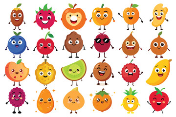 Collection of cute and happy cartoon fruits with faces and arms