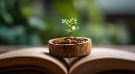 Seedling Emerging from Soil in Ring-Shaped Wooden Pot on Open Book, Soft Natural Light and Blurred Background
