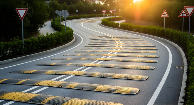 Navigating Speed Bumps On Serpentine Road Toward Distant Horizon At Sunset