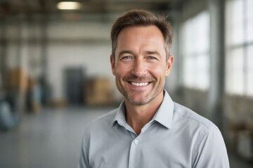 A smiling middle-aged man with short brown hair and a light grey shirt looks directly at the camera in an industrial setting.