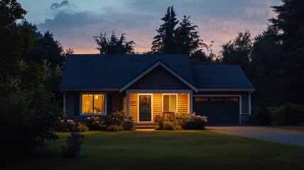 Charming suburban home illuminated at dusk with warm welcoming glow.