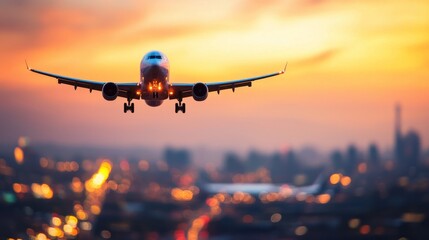 Airplane approaching city at sunset