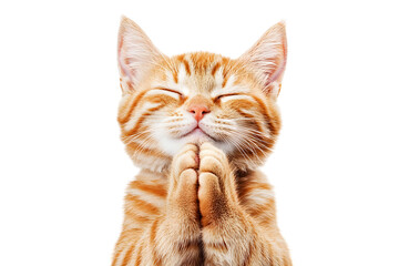 A cat is praying with its paws on its head