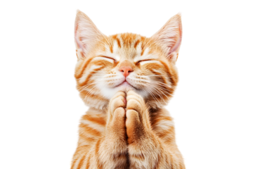 A cat is praying with its paws on its head