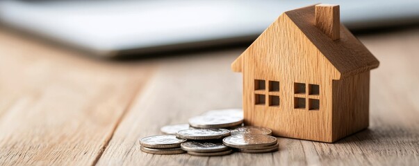 A small wooden house model sits next to a stack of coins representing savings.