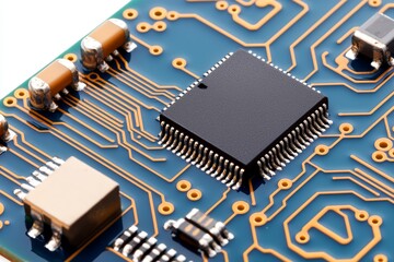 Detailed closeup of electronic circuit board with black microchip and orange printed wiring