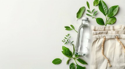 Eco-friendly flat lay with cotton tote bags, glass bottle, and green plant leaves on white surface with natural shadows and copy space. Minimalist lifestyle and sustainable living concept.