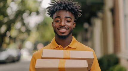 Delivery person carrying packages outside