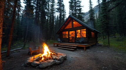 Cozy cabin and campfire in a dark forest at dusk