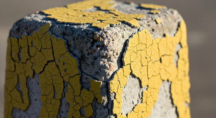 Macro Shot of a Concrete Post with Cracked Yellow Paint Detail on a Sunny Day