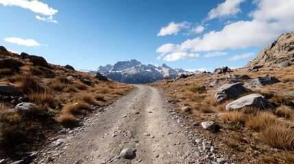 Dirt road leads to snow-capped mountains under a blue sky.