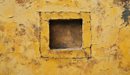 A square, empty niche set within a weathered, mustard-yellow wall