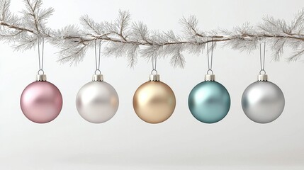 Five christmas ornaments hang from a frosted branch