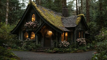 Enchanted cottage nestled in a dark, mossy forest