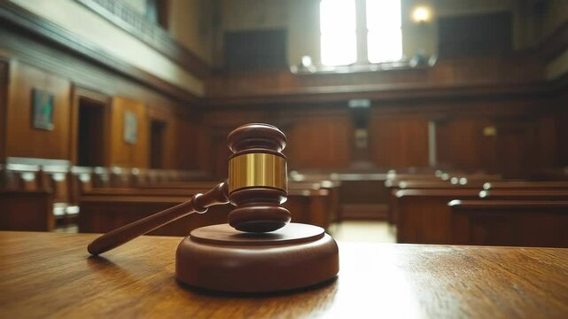 Gavel on table in courtroom, justice and law concept