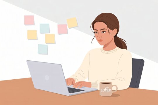 Young woman working on laptop with coffee at desk in office, illustration for business tasks and creative projects