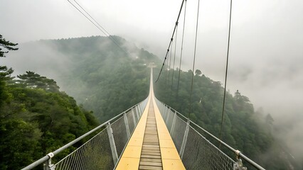 Obraz premium Suspension Bridge Over Green Forest Mountains Disappearing in Fog, Long Elevated Walkway, Exploration Destination, Scenic View.