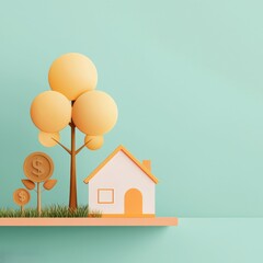 House with money tree on shelf