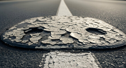 Macro shot showcasing weathered road marker with peeling paint on a highway lane