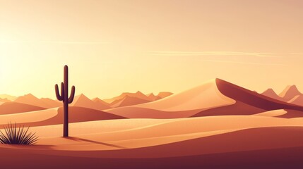 Lone saguaro cactus stands in a warm desert landscape at sunset.