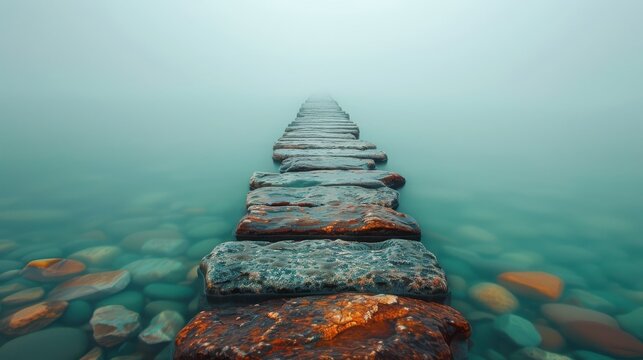 A stone path leads through foggy water with smooth pebbles visible below
