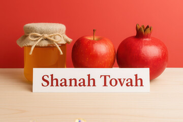 Rosh hashanah celebration with apples, pomegranate, honey, and shanah tovah greeting card