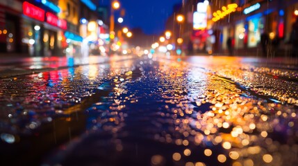 Rainy city street reflecting colorful lights at night