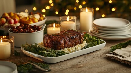 Roasted meat with mashed potatoes and cranberries served with candles