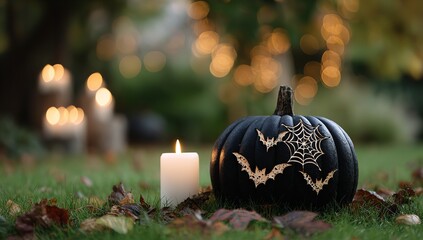 Black Pumpkin Carved with Spider Web and Bats Beside Flickering White Candle on Grass with Fallen Leaves