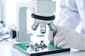 Scientist examines circuit board with microscope in laboratory