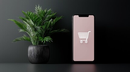 Smartphone displays shopping cart icon next to potted plant