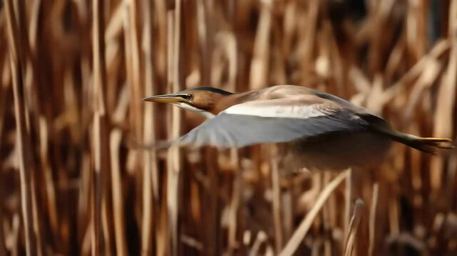 American bittern flies through dry reeds in natural wetland area
