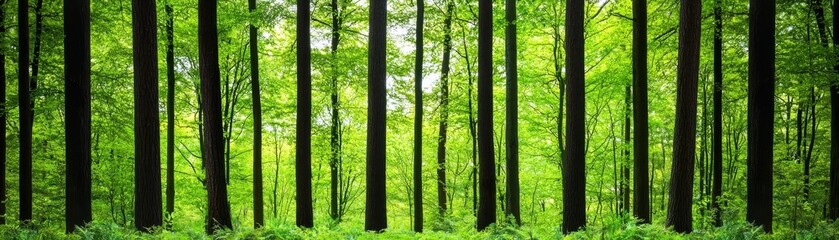 Tall green trees in a sunlit forest