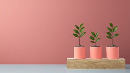 Three small potted plants sit on a wooden block against a pink background.