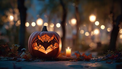 Halloween Pumpkin with Bat Wings and Spider Web Design, Lit Candle Glowing in Front, Blurred Forest Background