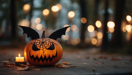 Halloween Pumpkin with Bat Wings and Spider Web Design, Lit Candle Glowing in Front, Blurred Forest Background
