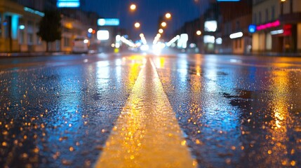 Wet street with yellow line reflects city lights on rainy night
