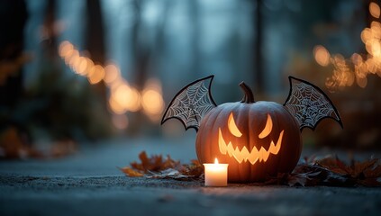 Halloween Pumpkin with Bat Wings and Spider Web Design, Lit Candle Glowing in Front, Blurred Forest Background