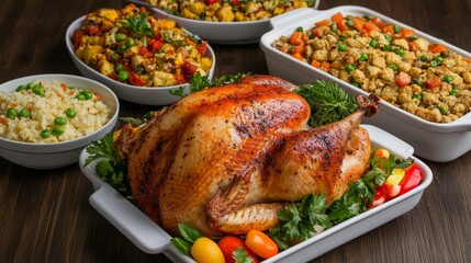 Whole roasted turkey with side dishes on a wooden table
