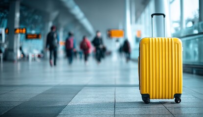 Yellow Suitcase in Foreground at Busy Airport Terminal with Blurred Travelers and Windows in Background