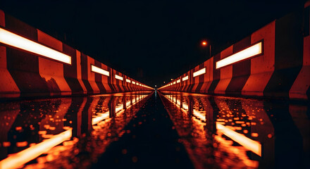 Illuminated Concrete Barriers Reflecting On Wet Roadway At Night For Urban Backdrop