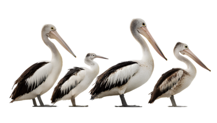Australian pelicans standing in various poses on a white background