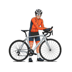 Obraz premium Male cyclist, wearing orange and blue gear, helmet, and sunglasses, stands with his road bike on a pure white background. Sport, fitness, and outdoor activity.