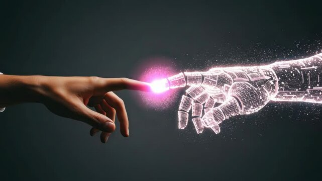 Human hand touching robotic arm illustration