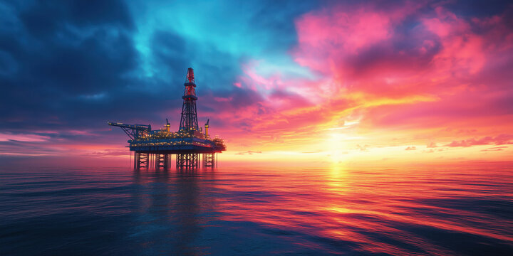Oil rig at sunset over calm ocean waters with dramatic sky colors. - Powered by Adobe