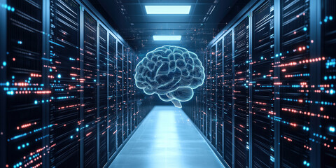Artificial Intelligence Brain Concept Over Data Center with Server Racks and Digital Connections.