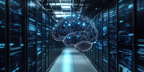 Artificial intelligence concept with digital brain in data center environment.